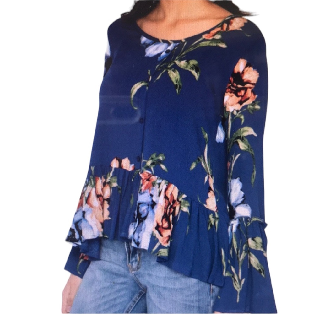 Navy Floral Button Down BoHo Blouse - Picture 2 of 7